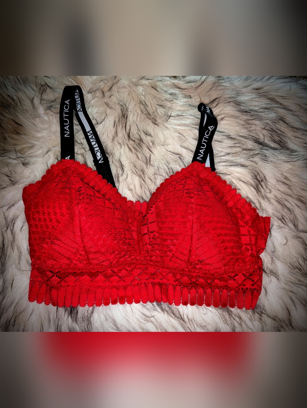 Nautica Bright Red Lace Bralette with Logo Straps Size Large